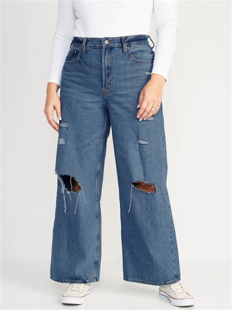 Extra High Waisted Ripped Baggy Wide Leg Non Stretch Jeans For Women