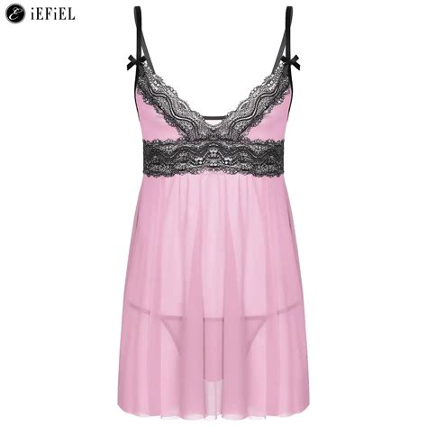 Men S Sissy Lingerie Pajamas Set See Through Lace Deep V Neck Mini Dress With Thong Maid