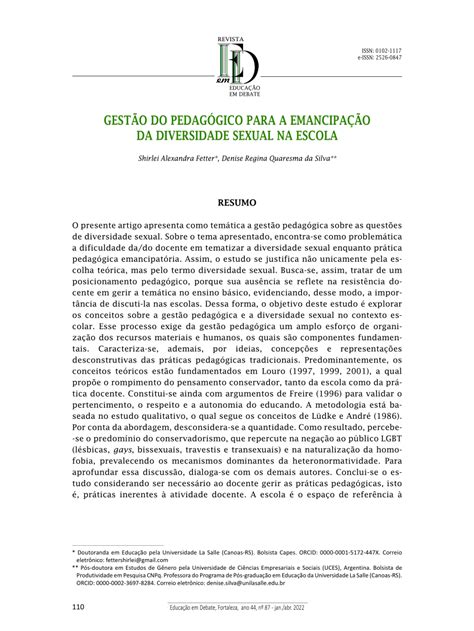 Pdf Gest O Do Pedag Gico Para A Emancipa O Da Diversidade Sexual Na