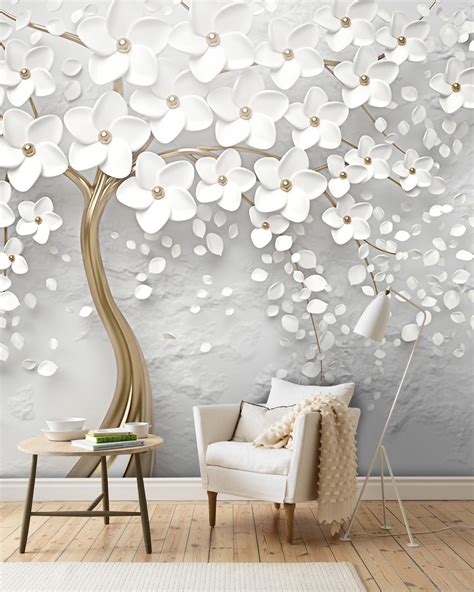 3d Gold Tree Floral White 3d Floral Wall Mural Wall Art Etsy Mural