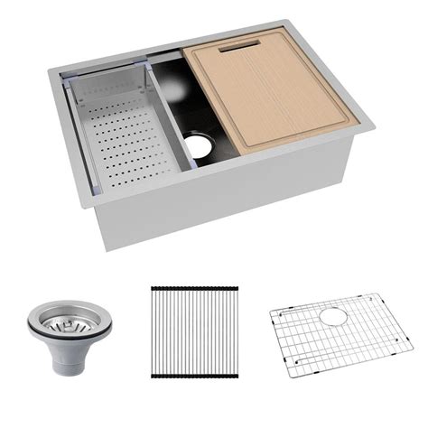 Glacier Bay All-in-One Undermount Stainless Steel 27 in. Single Bowl Kitchen Workstation Sink ...