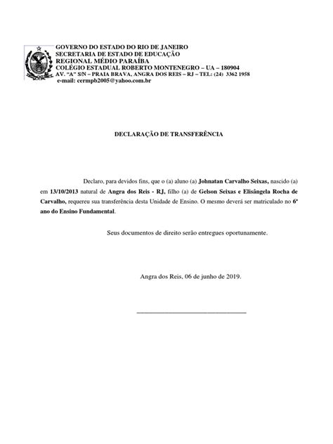 Declaração De Transferencia Escolar - Declaração de Transferência Escolar | PDF