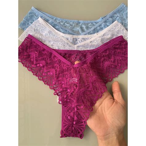 Kit 3 Calcinhas Em Renda Semi Fio Dental Lingerie Sensual Moda