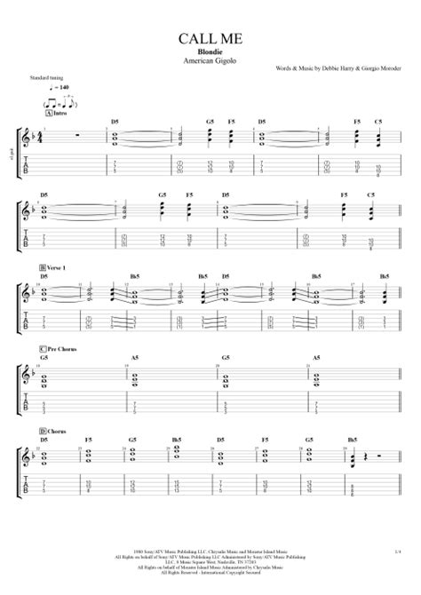 Tablature Call Me De Blondie Guitar Pro Guitares Et Piste D