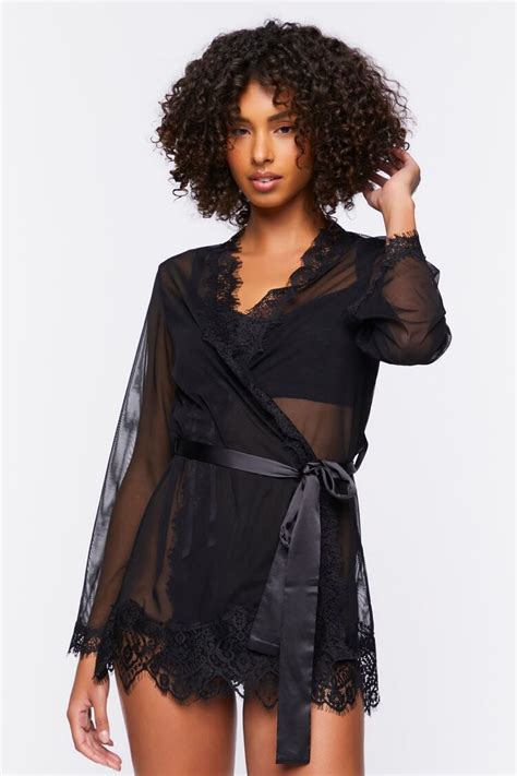 Forever 21 Sheer Lace Trim Lingerie Robe Black Forever21USA