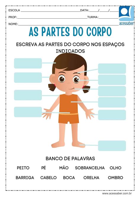 Atividade de ciências As partes do corpo Ed Infantil e 1º ano