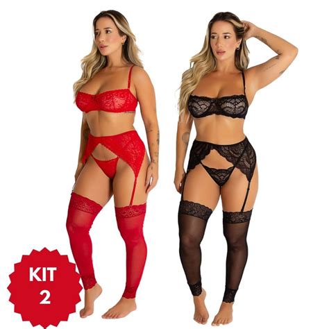 Kit Conjuntos Lingerie Sexy Completa Meias E Cinta Liga Sensual Shopee Brasil