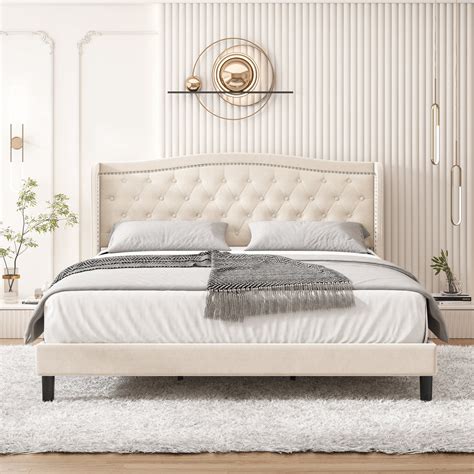 Homfa King Bed Frame Modern Bed Frame With Wing Back Button Tufted