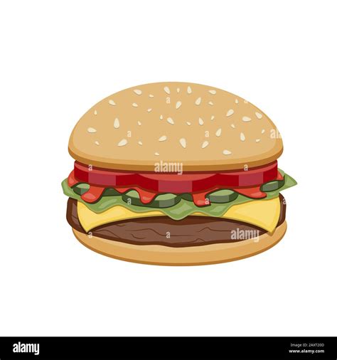 Vector Drawing Of Hamburger With Cheese Tomatoes Chop Lettuce