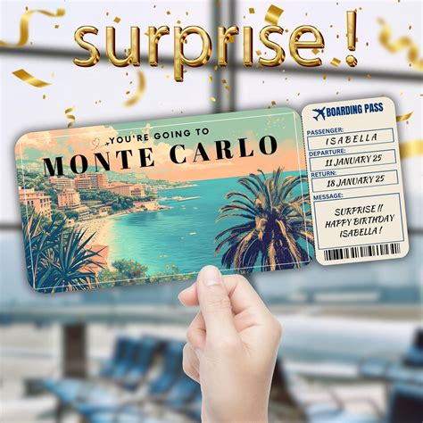 Monte Carlo Editable Travel Boarding Pass, Surprise Trip Ticket Gift