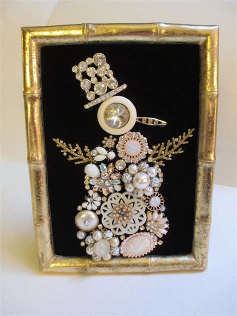 Jeweled Framed Jewelry Art Snowman Black Gold Vintage Pearls Etsy