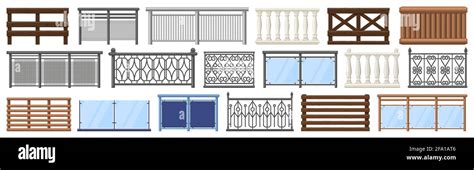 Balcony railing. Metal, wooden and stone decorative balcony fences, terrace fencing isolated ...