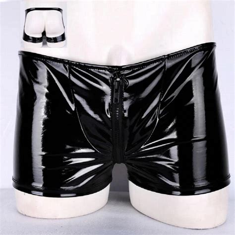 Men Metallic Latex Lingerie Erotic Open Butt Zipper Penis Pouch Sissy Panties Homme Wetlook