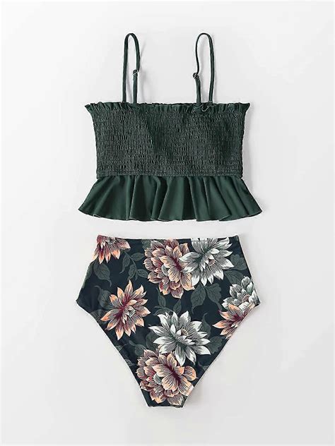 Kvinnors Bandeau Smocked Bikini Baddr Kt Rufsig Bikini Med H G Midja S Tter Tv Stycken