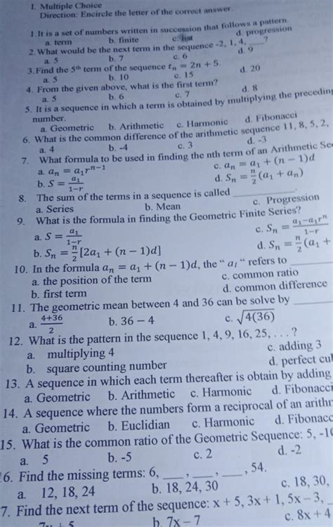 Solved: I. Multiple Choice Direction: Encircle the letter of[algebra ...