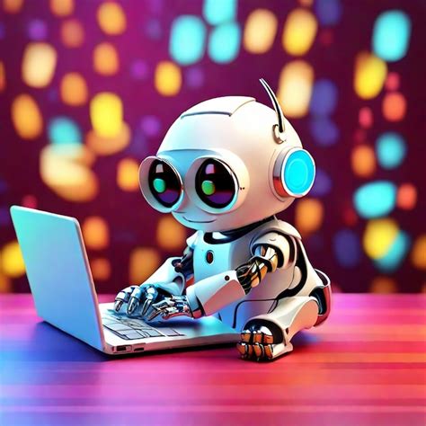 3d симпатичный маленький робот-андроид работает на фоне ноутбука ...