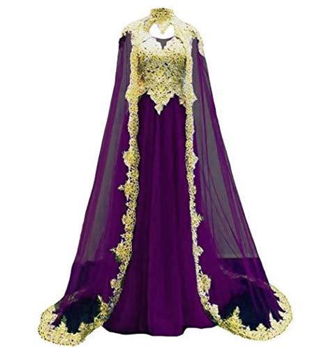 Gold Lace Tulle Vintage Long Prom Evening Dress Wedding Gown With Cape Purple 14 Fashion