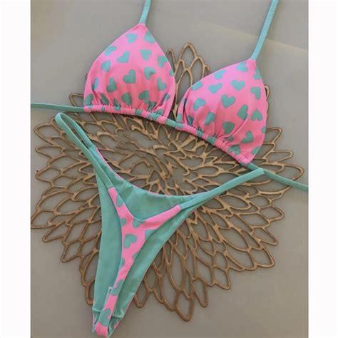 New Bikini Thong Backless Halter Tiny Hearts Pattern String Thong