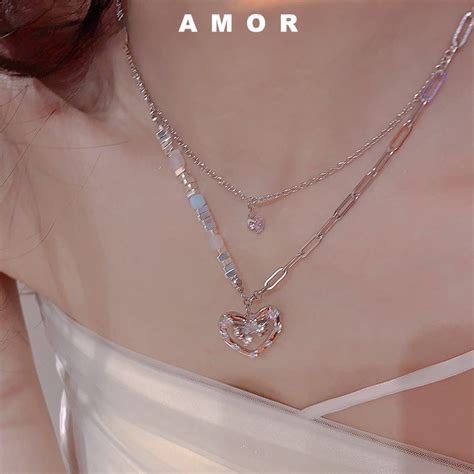 Cadena De Cuello Con Lazo De Amor De Doble Capa Combinada Con Collar