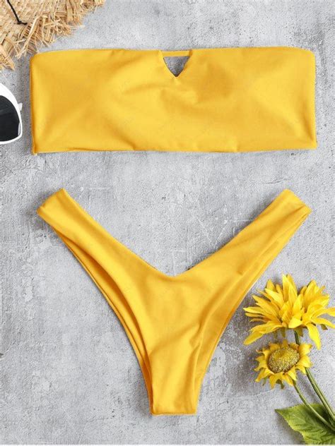 Off V Cut Bandeau Thong Bikini Set In Rubber Ducky Yellow