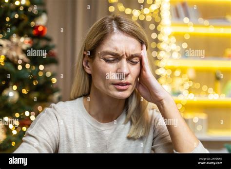 Close Up Photo Portrait Of Mature Woman Lonely And Depressed On Christmas Thinking Wife Sitting