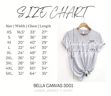 Bella Canvas 3001 Size Chart Tshirt Size Chart Unisex Etsy