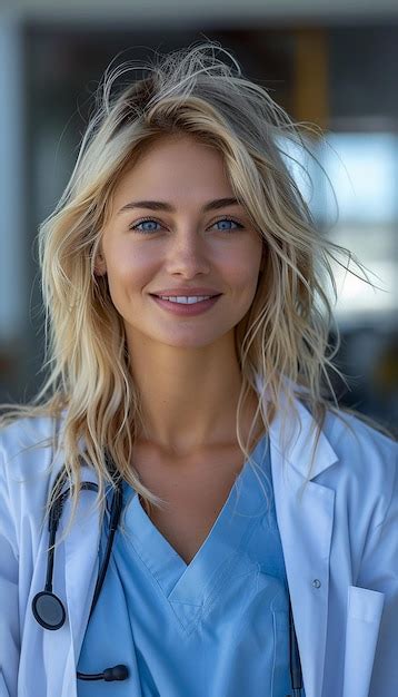 Beautiful Blonde Nurse In Blue Scrubs Premium AI Generated Image