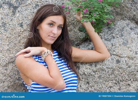 Brunette In Striped Shirt Stock Photo Image Of Relax 19007304