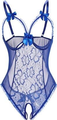 KELITCH Sexy Bodysuit Chest Open Crotchless Lingerie Women Girls Hollow Out Black Lace Pajamas