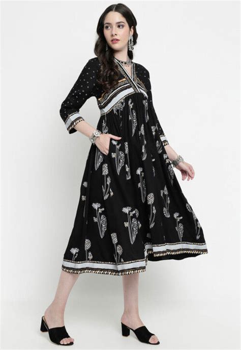 Buy Printed Rayon Aline Kurta In Black Online TJG1165 Utsav Fashion