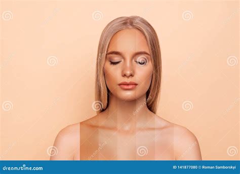 Close Up Portrait Of Nice Attractive Blonde Naked Nude Lady With Pure Perfect Flawless Smooth