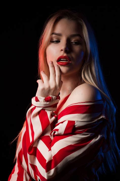 Wonderful Blonde Model With Red Lips And Naked Shoulders Posing Stock Photo Image Of Skin