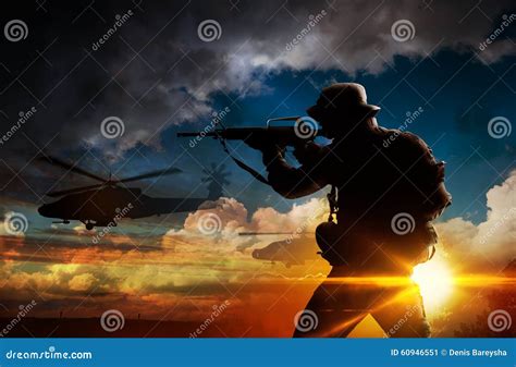 Silhouette Soldier At Sunset Stock Image Image Of Firearm Officer