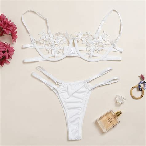 Sexy White Bikini Lace Hollow Out Spaghetti Straps Bra And Thong Lingerie Set N