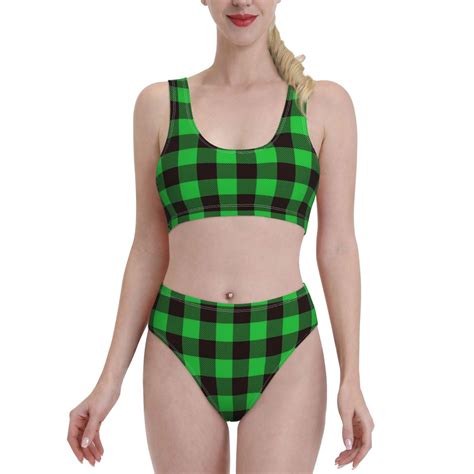 Lukts Women High Waisted Bikini Set Buffalo Plaid Green Black Swimsuit Piece Bathing Suit