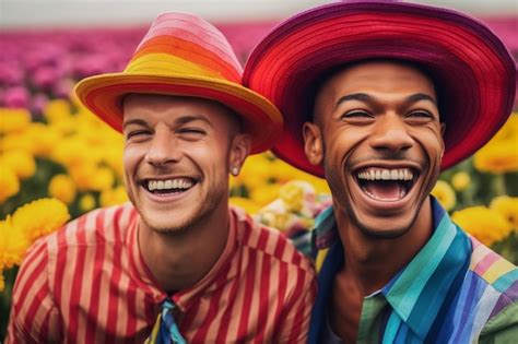 Una Hermosa Pareja Gay Feliz Con Los Colores Del Arco Iris En Un Campo De Flores Mes Del Orgullo