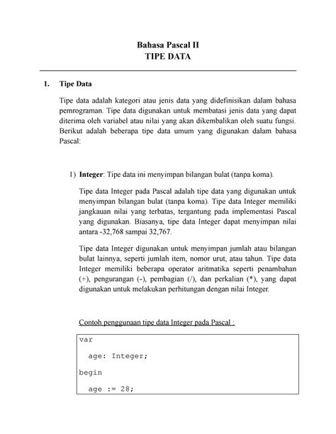 Pengantar Bahasa Pascal Ii Bahasa Pascal Ii Tipe Data Tipe Data Tipe Data Adalah Kategori Atau