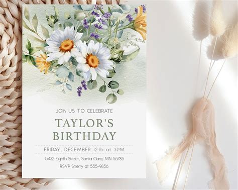 Flower Birthday Invitation Template, Editable Birthday Invitation With Flowers, Girl, Daisy ...