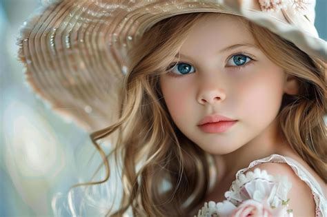 Beautiful young girl with big blue eyes wearing a floppy hat is posing for a portrait | Premium