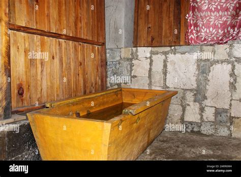 Wooden Bath Tubs For Hot Stone Bath In A Bathroom In Paro Bhutan Stock