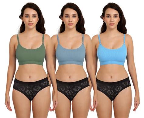 Buy Aamarsh Women S Green Blue Light Blue Cotton Bra Panty Set For Lingerie Set Undergarments