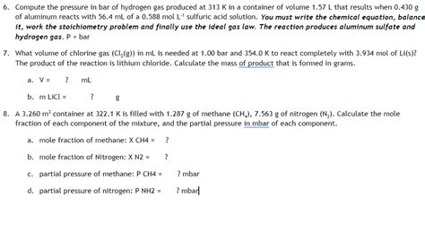 solved  compute  pressure  bar  hydrogen gas cheggcom
