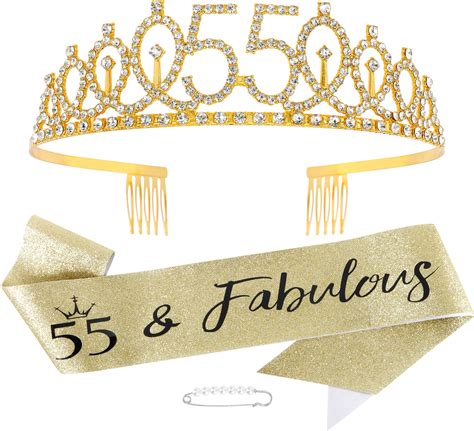 Vovii 55th Birthday Sash And Tiara Gold Tiara 55th Birthday Decorations For Women