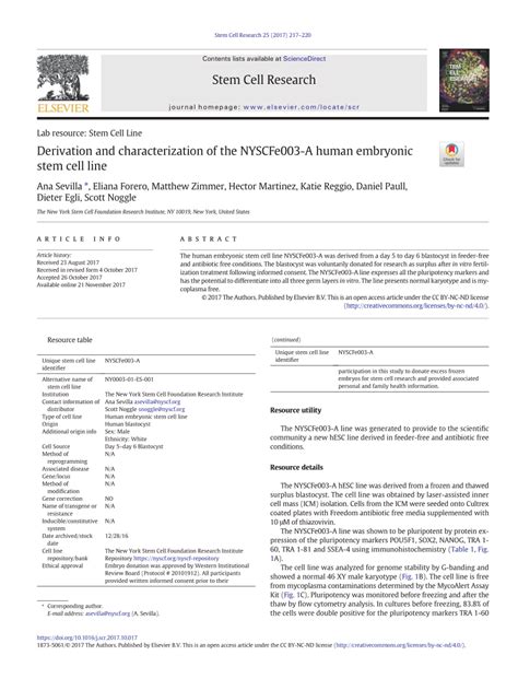 Pdf Derivation And Characterization Of The Nyscfe003 A Human