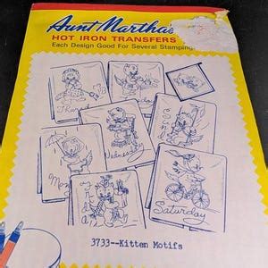 Aunt Martha S Hot Iron Transfer Pattern 3733 Kitten Motifs Days Of The Week Embroidery