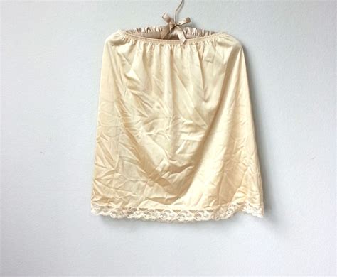 Nude Champagne Satin And Lace Vintage Nylon Half Slip Knee Length With Side Slit A Line Skirt