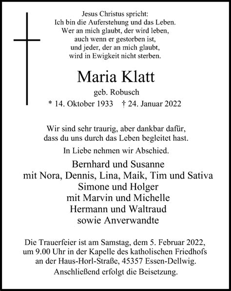 Traueranzeigen Von Maria Klatt Trauer In NRW De