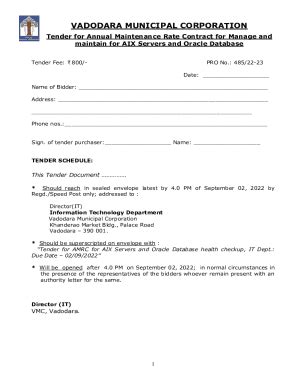 Fillable Online Tender For Annual Maintenance Rate Contract For Manage