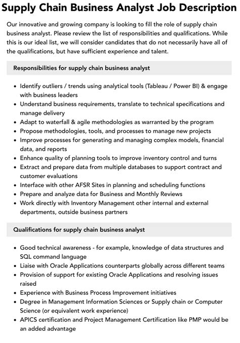 Supply Chain Business Analyst Job Description Velvet Jobs