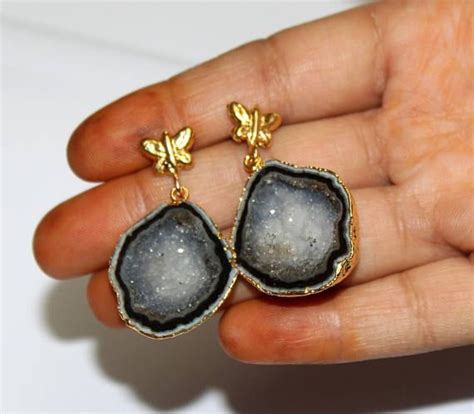 Kt Gold Electroplated Black Druzy Geode Earrings Gold Etsy Geode